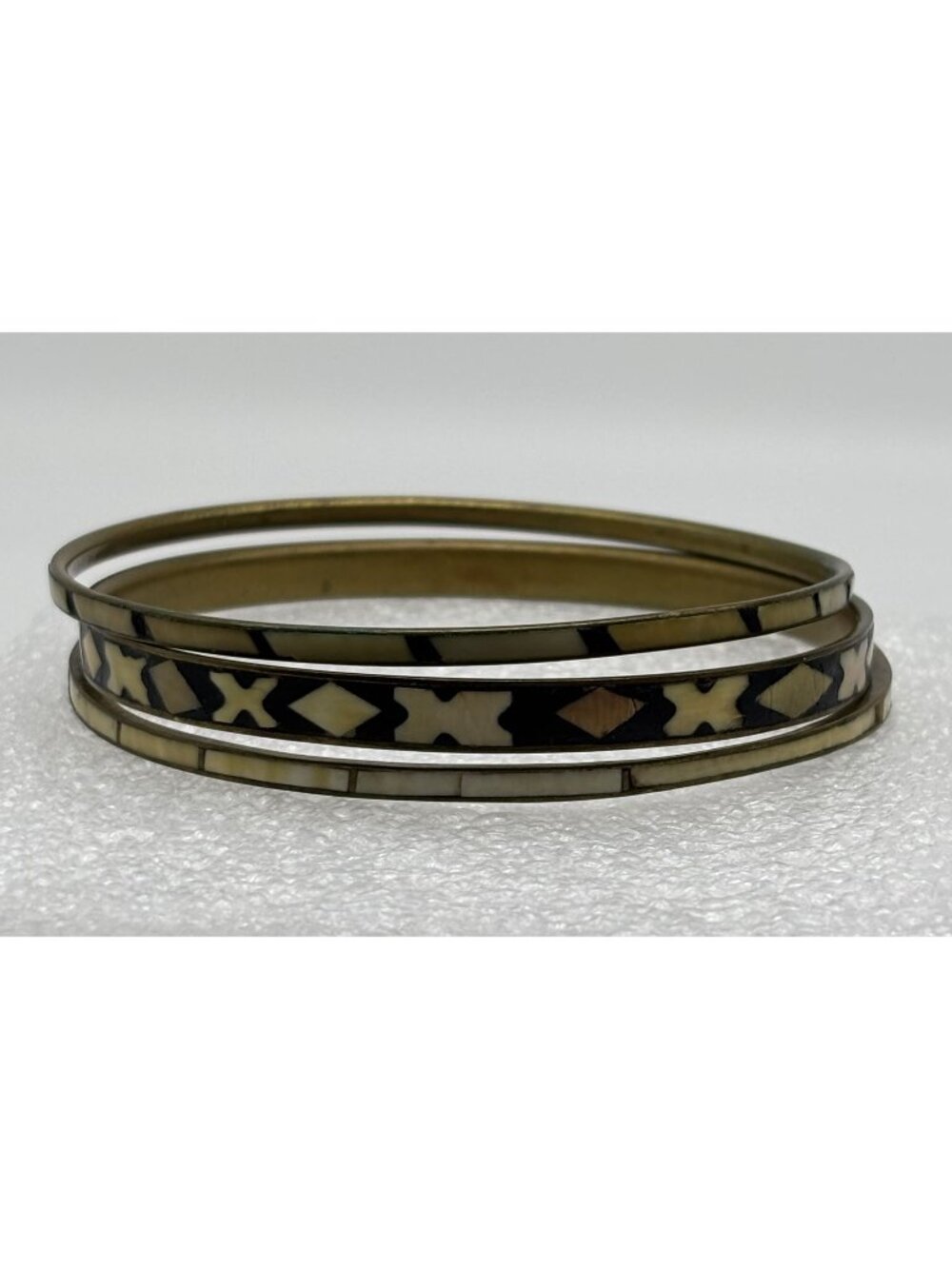 Set of 3 Vintage Bangle Bracelets of Brass Inlaid Mother of Pearl or Bovine Bone